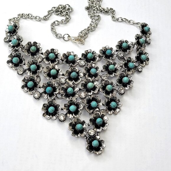 Silver Turquoise Rhinestone Flower Bib Necklace - Picture 4 of 16